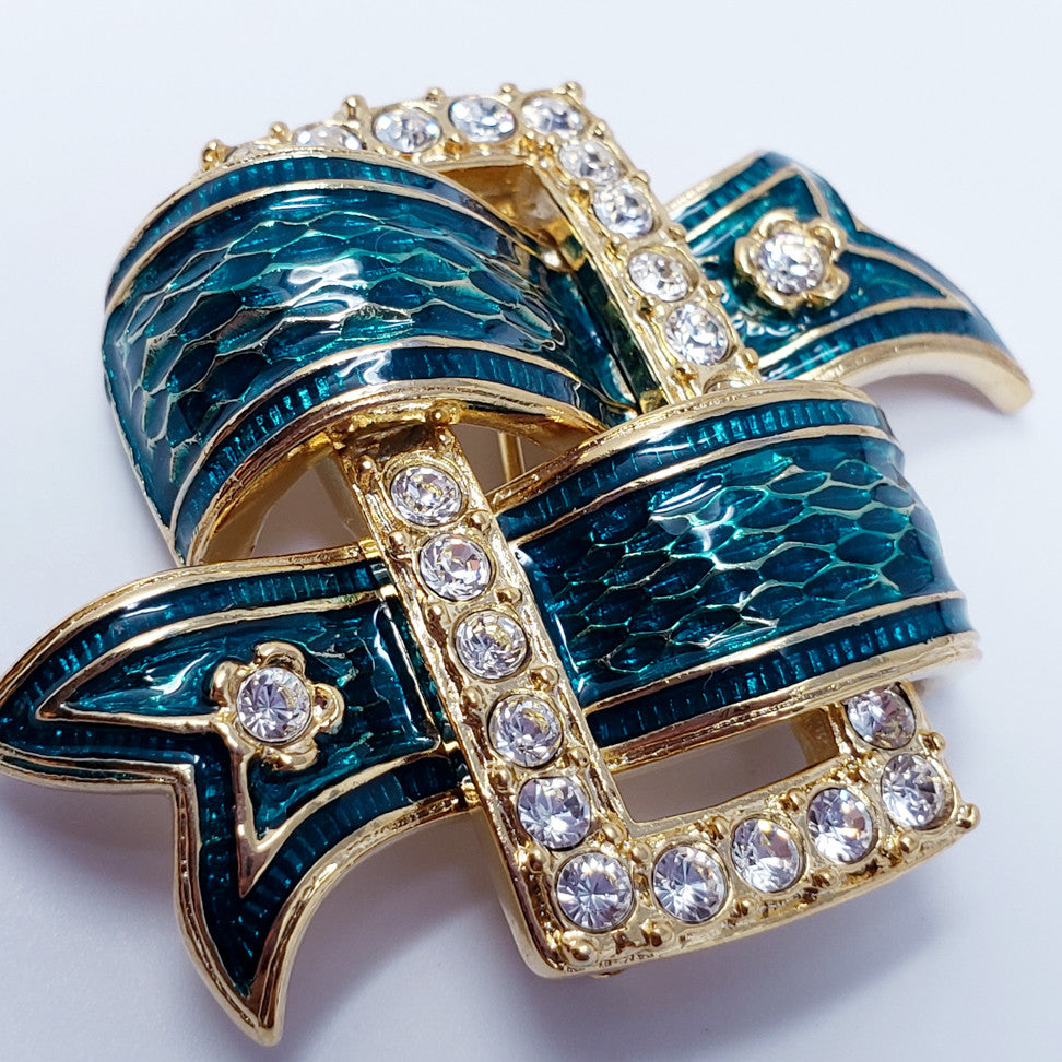 Kenneth Jay Lane KJL Crystal & Enamel Ribbon Brooch Pin