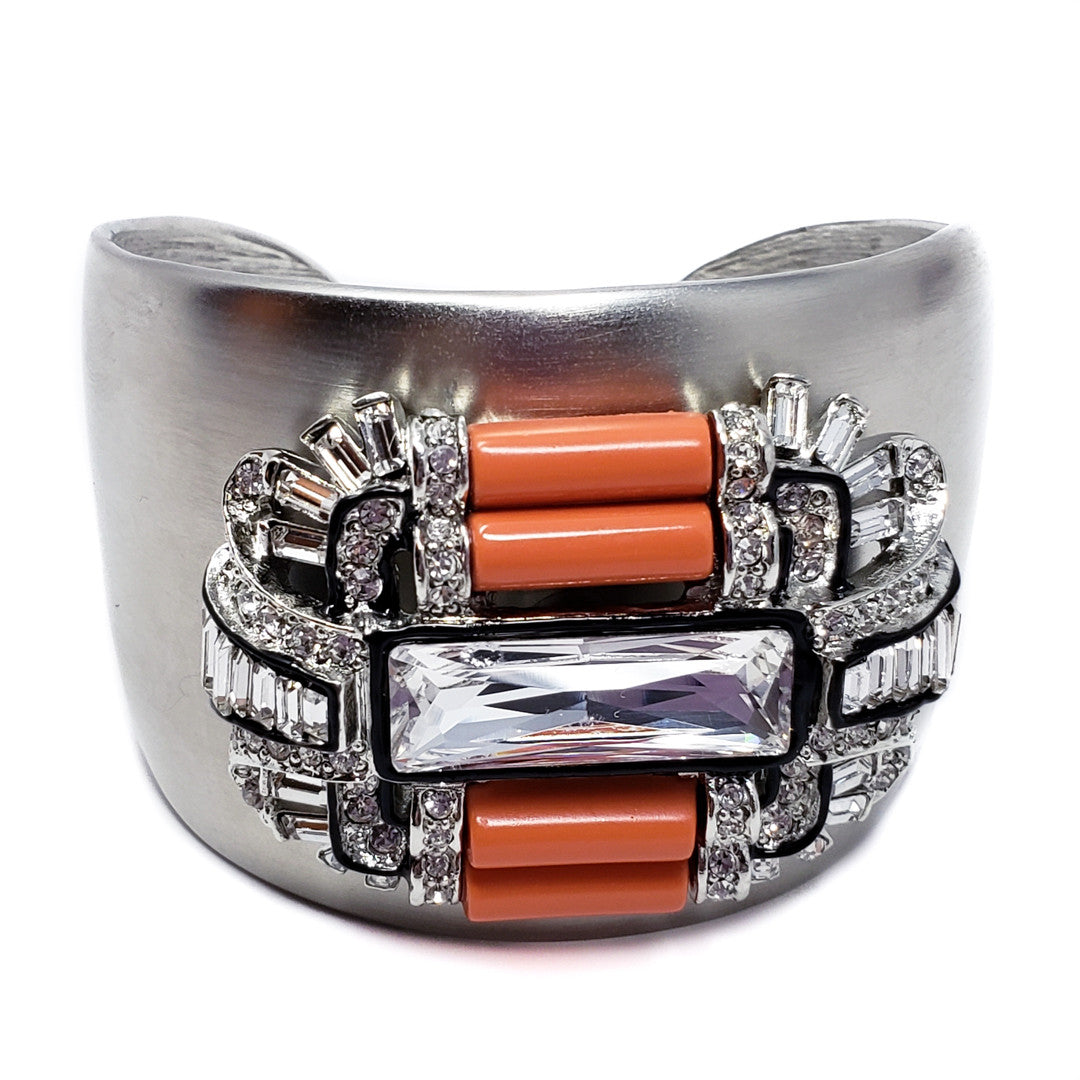 Kenneth Jay Lane Bold Gray Coral & Crystal Art Deco Cuff Bracelet