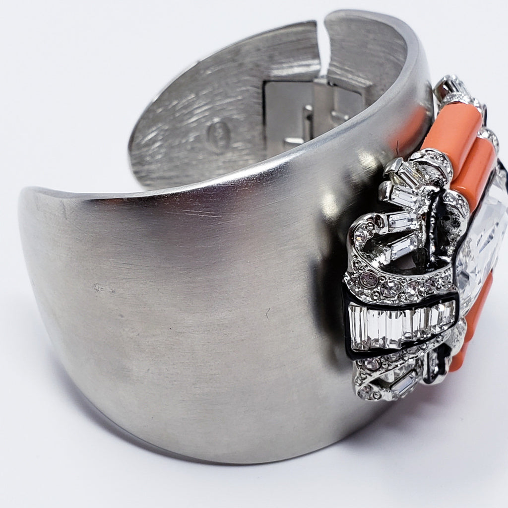 Kenneth Jay Lane Bold Gray Coral & Crystal Art Deco Cuff Bracelet