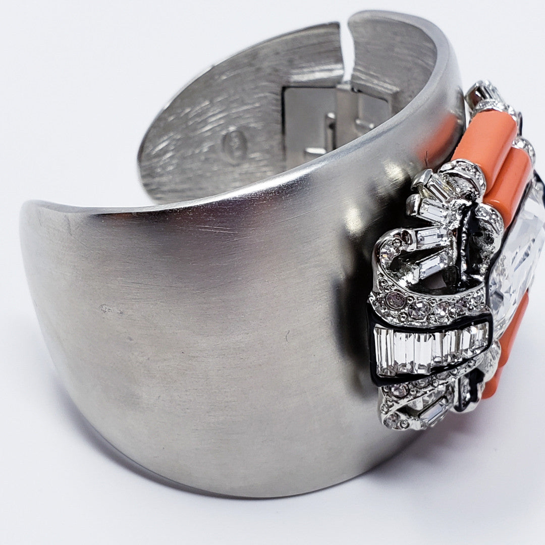 Kenneth Jay Lane Bold Gray Coral & Crystal Art Deco Cuff Bracelet