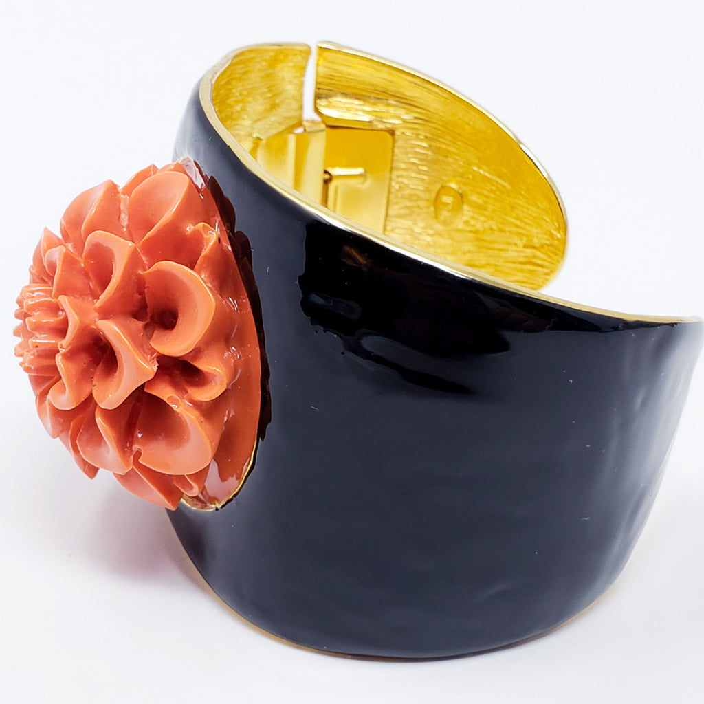 Kenneth Jay Lane KJL Coral Dahlia Flower Black Enamel Cuff Bracelet