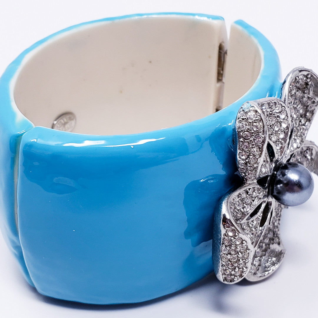 Kenneth Jay Lane KJL Aqua Colored Crystal Flower Faux Pearl Bracelet