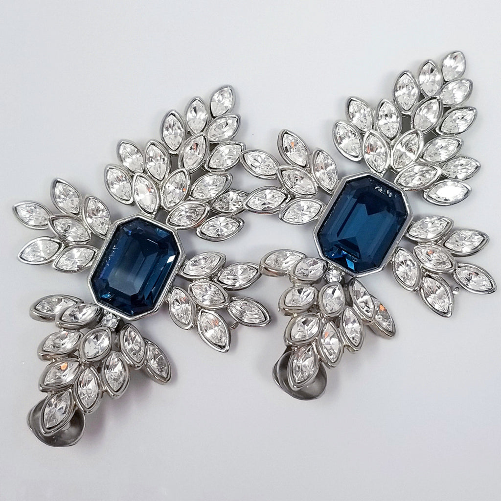 Kenneth Jay Lane KJL Clear & Sapphire Crystal Clip Earrings