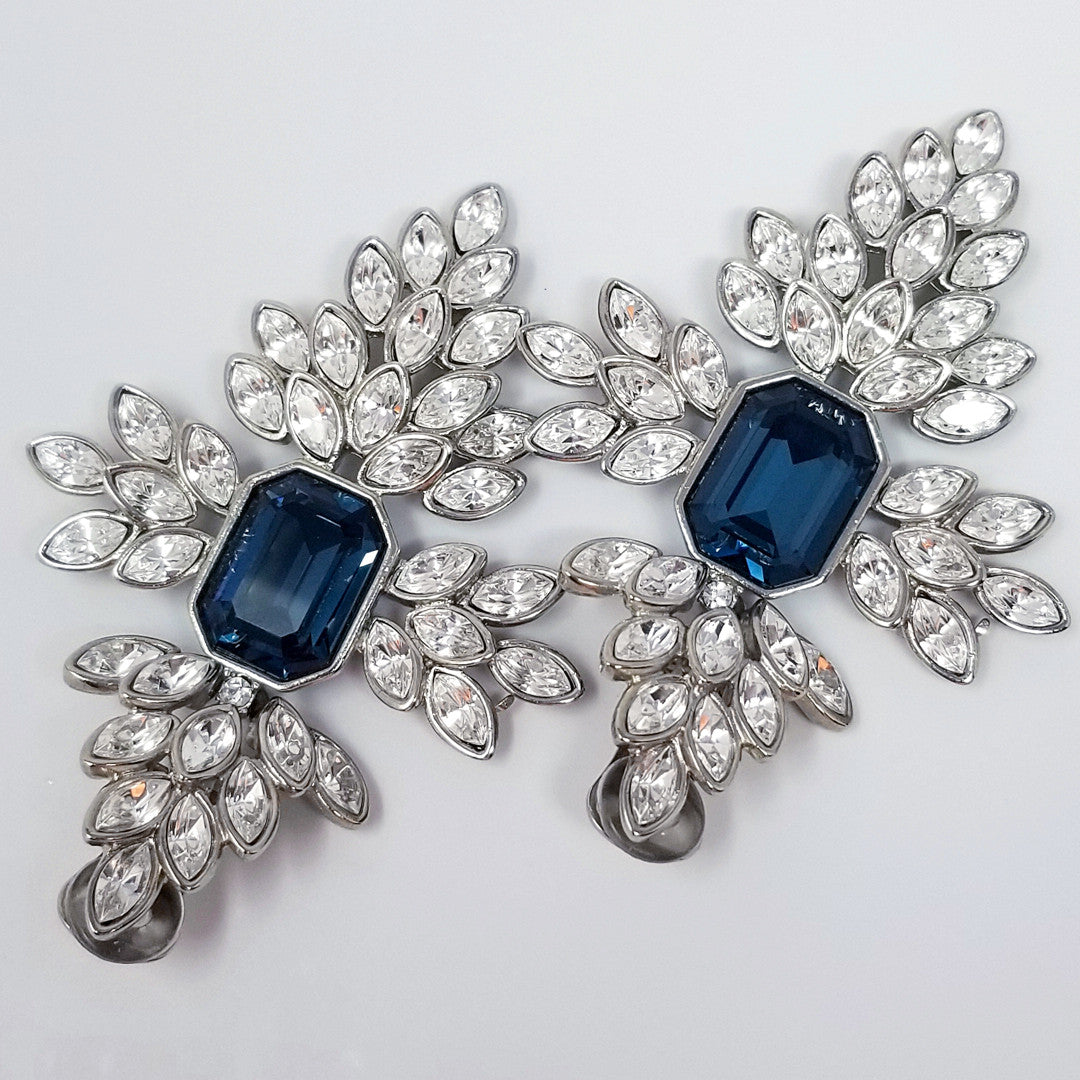 Kenneth Jay Lane KJL Clear & Sapphire Crystal Clip Earrings