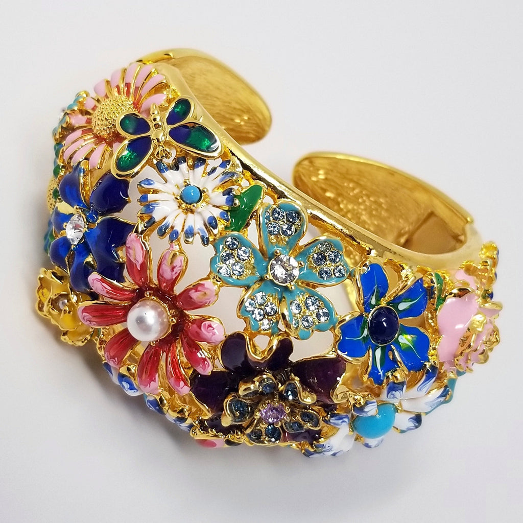 Kenneth Jay Lane KJL Garden Party Floral Enamel Hinged Cuff Bracelet