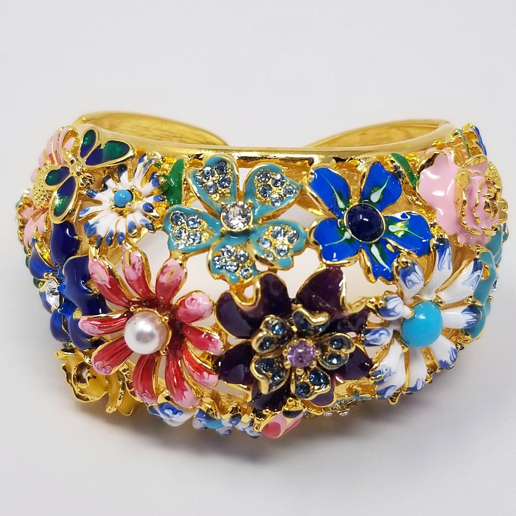 Kenneth Jay Lane KJL Garden Party Floral Enamel Hinged Cuff Bracelet