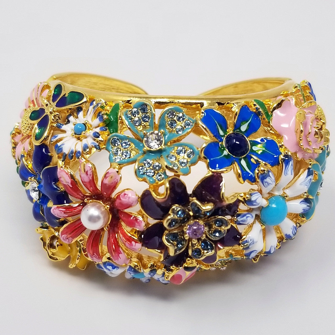 Kenneth Jay Lane KJL Garden Party Floral Enamel Hinged Cuff Bracelet