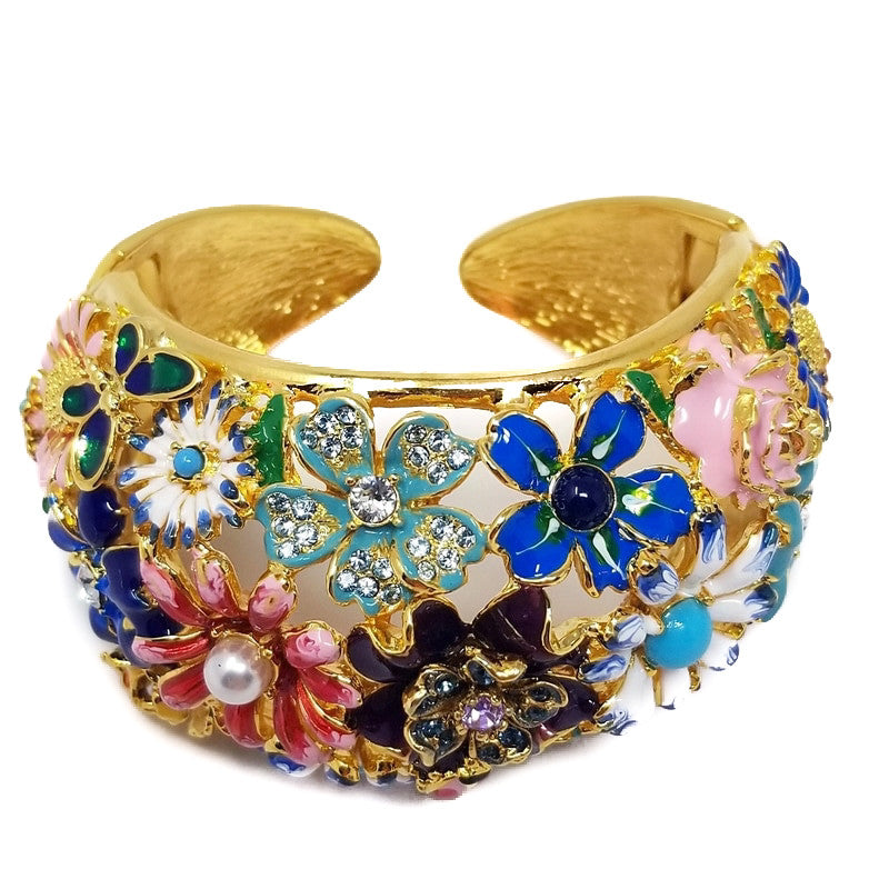 Kenneth Jay Lane KJL Garden Party Floral Enamel Hinged Cuff Bracelet