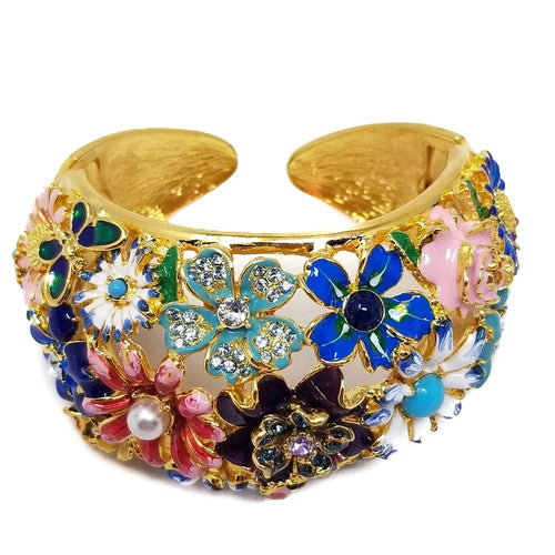 Kenneth Jay Lane KJL Garden Party Floral Enamel Hinged Cuff Bracelet