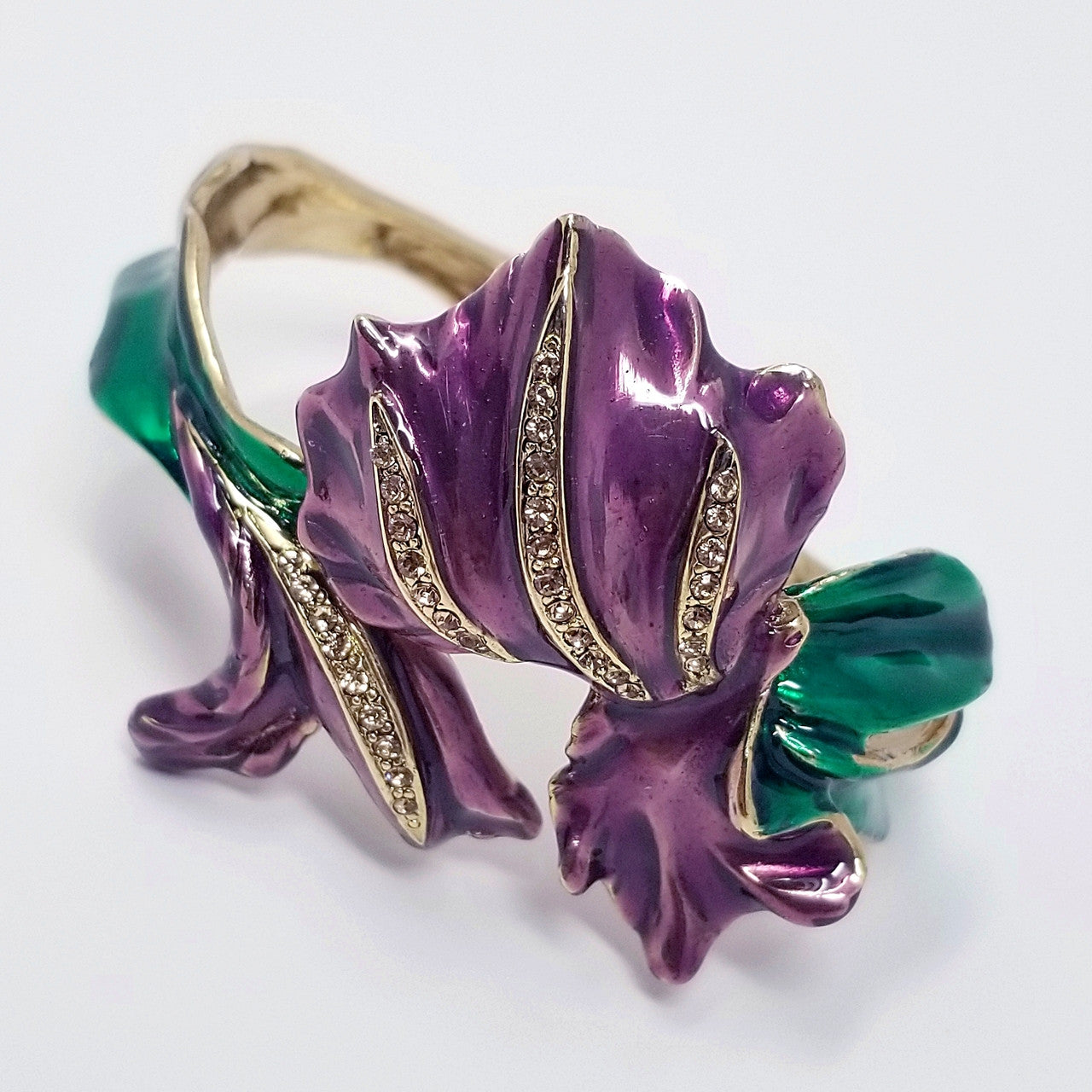 Oscar de la Renta  Enameled Purple & Green Flower Foilage Statement Bracelet