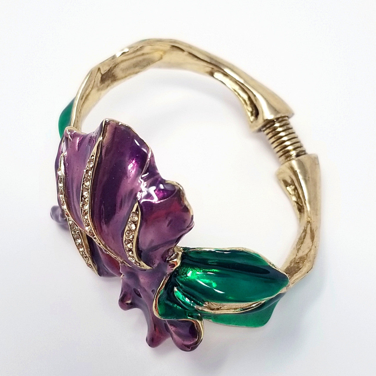 Oscar de la Renta  Enameled Purple & Green Flower Foilage Statement Bracelet