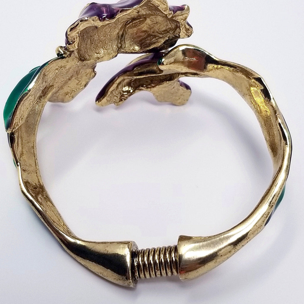 Oscar de la Renta  Enameled Purple & Green Flower Foilage Statement Bracelet