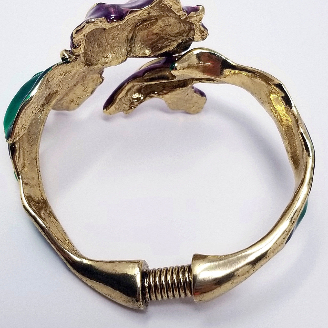 Oscar de la Renta  Enameled Purple & Green Flower Foilage Statement Bracelet