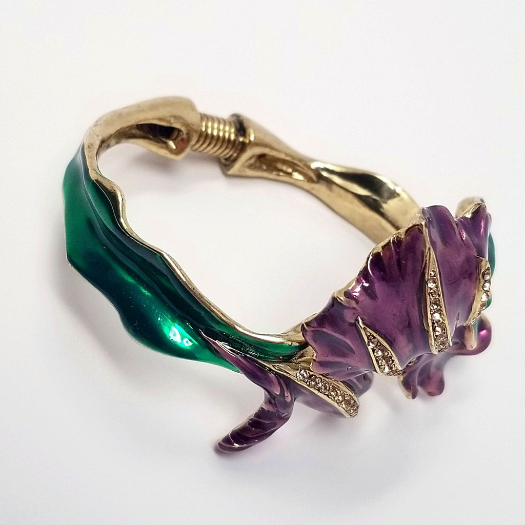 Oscar de la Renta  Enameled Purple & Green Flower Foilage Statement Bracelet