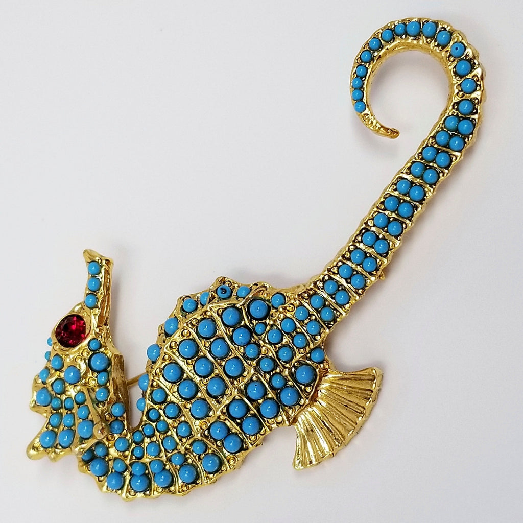 Kenneth Jay Lane KJL Embellished Seahorse Brooch/Pin