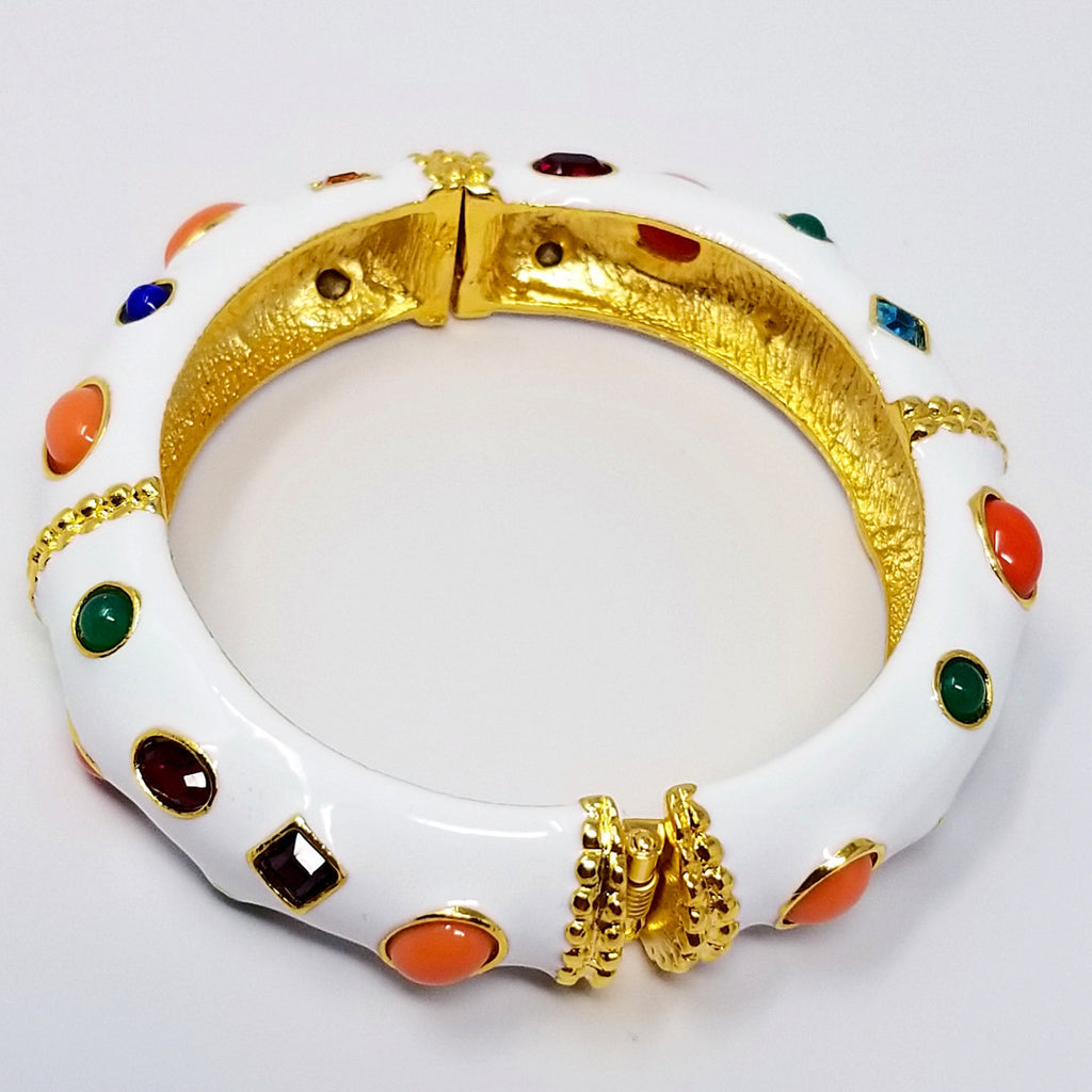 Kenneth Jay Lane KJL Jeweled White Enamel Bangle Bracelet