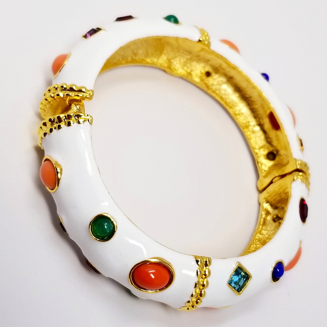 Kenneth Jay Lane KJL Jeweled White Enamel Bangle Bracelet