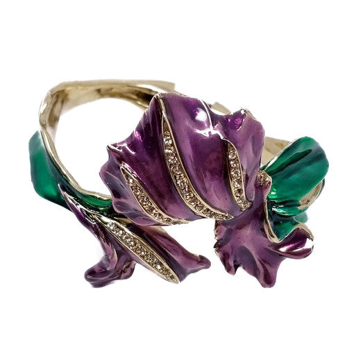 Oscar de la Renta  Enameled Purple & Green Flower Foilage Statement Bracelet
