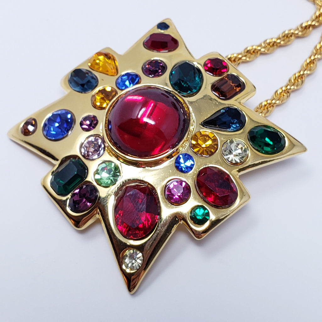 Kenneth Jay Lane KJL Maltese Cross Jeweled Pendant Rope Necklace