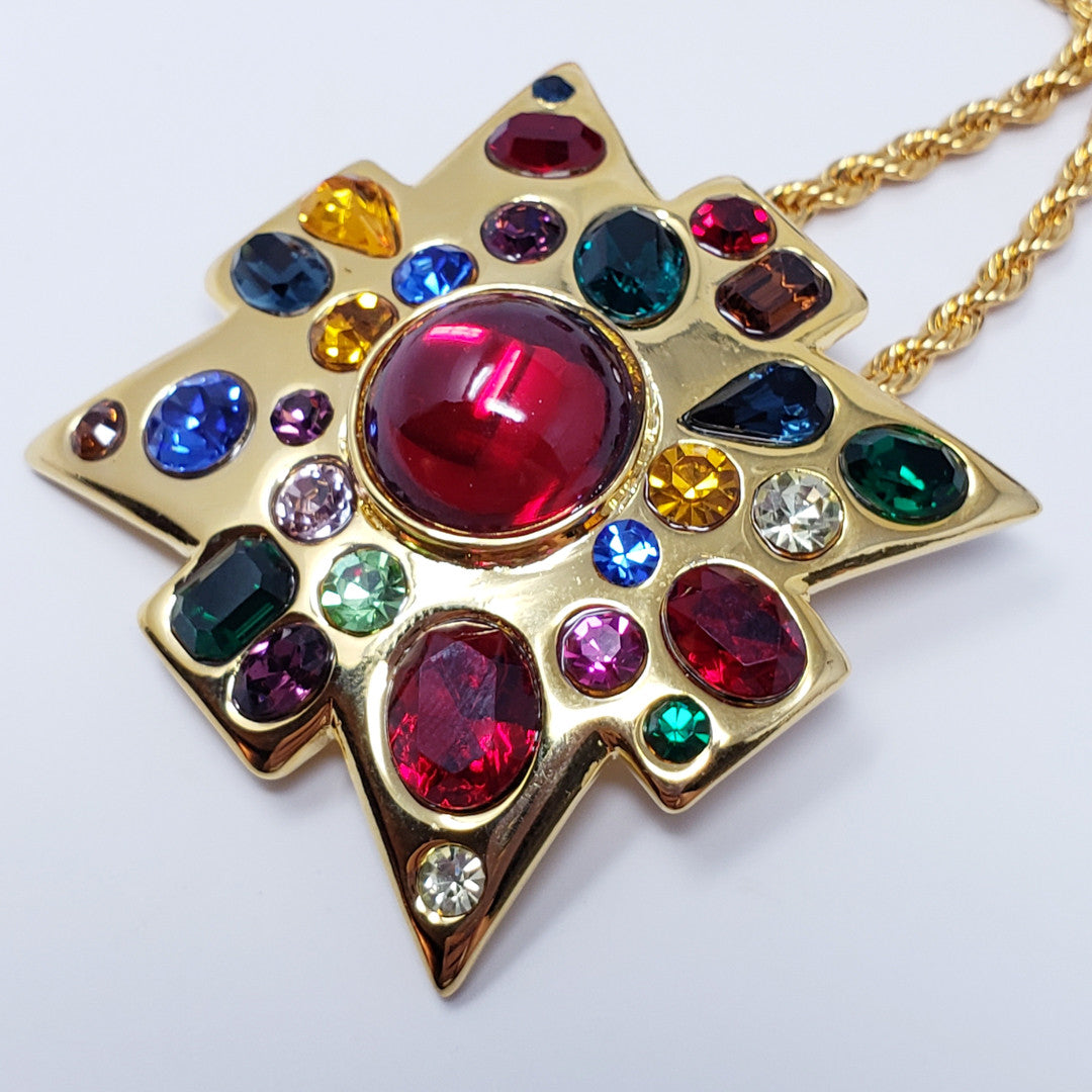 Kenneth Jay Lane KJL Maltese Cross Jeweled Pendant Rope Necklace