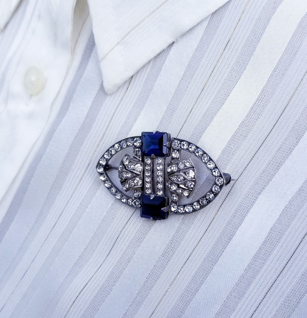 Art Deco Sapphire & Clear Rhinestone Handmade Brooch/Pin