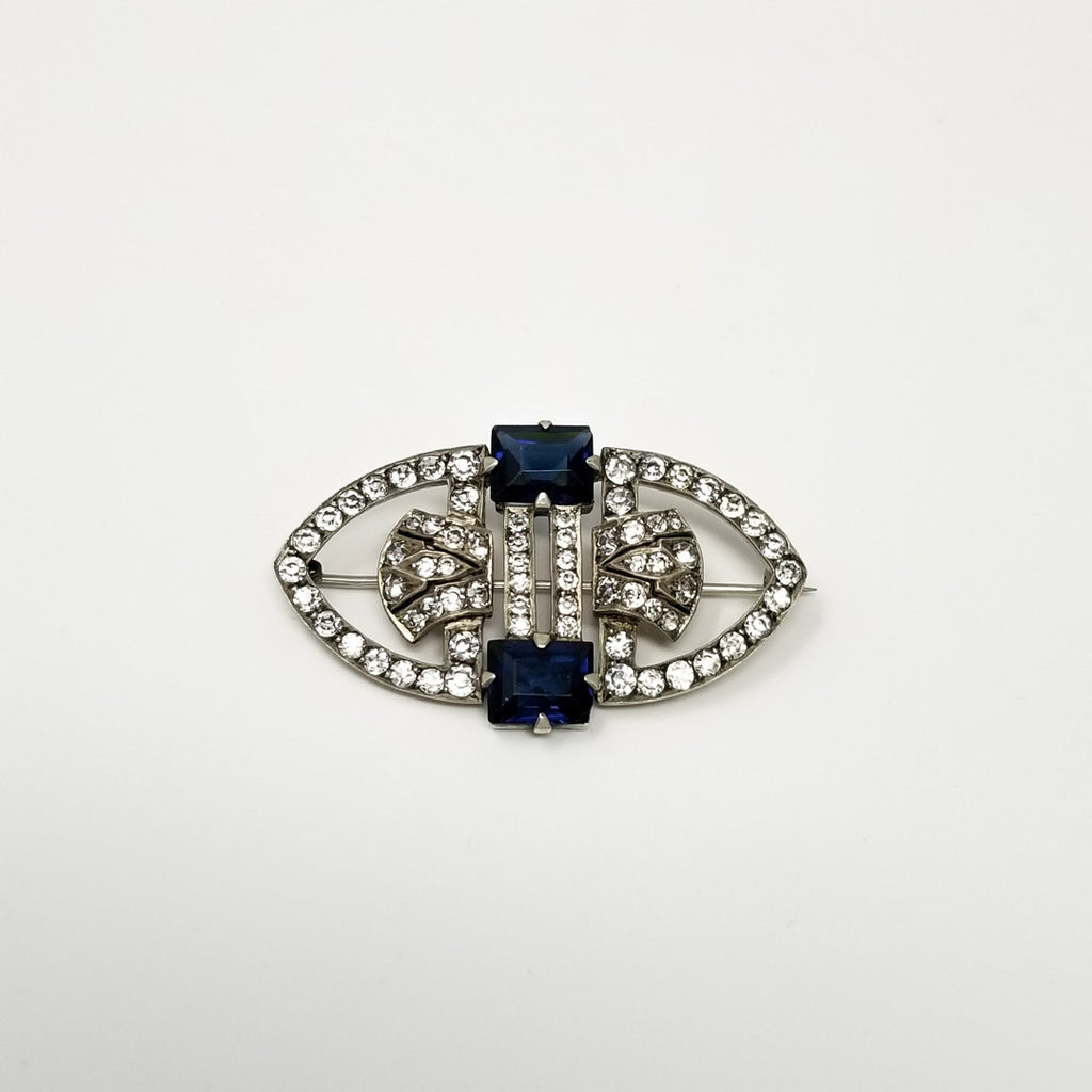 Art Deco Sapphire & Clear Rhinestone Handmade Brooch/Pin
