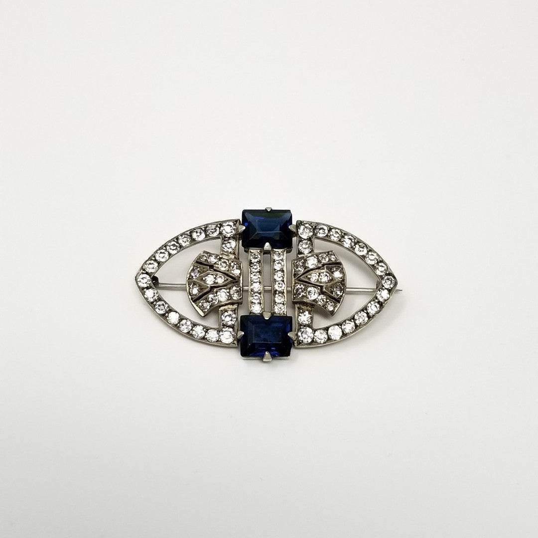Art Deco Sapphire & Clear Rhinestone Handmade Brooch/Pin