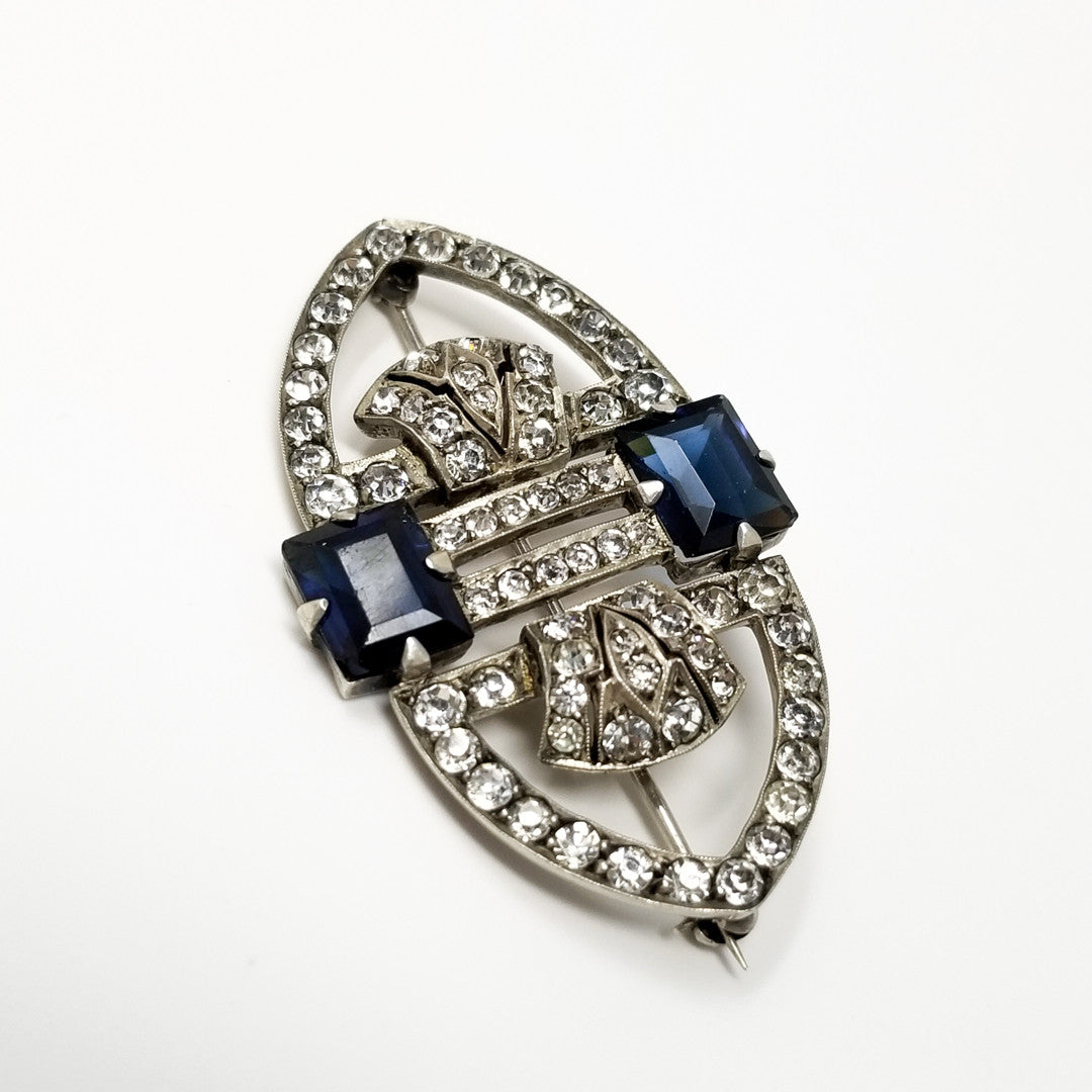 Art Deco Sapphire & Clear Rhinestone Handmade Brooch/Pin