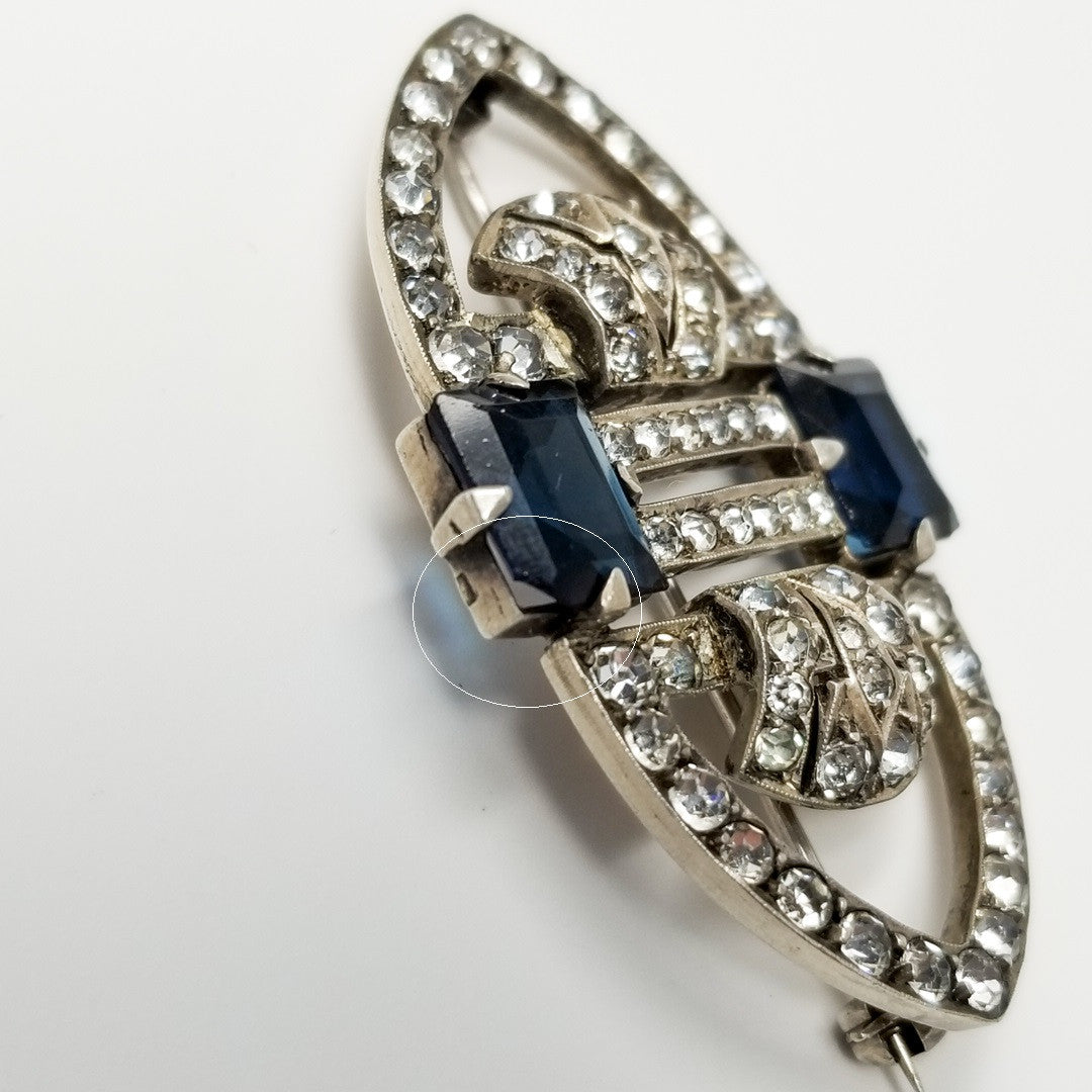 Art Deco Sapphire & Clear Rhinestone Handmade Brooch/Pin