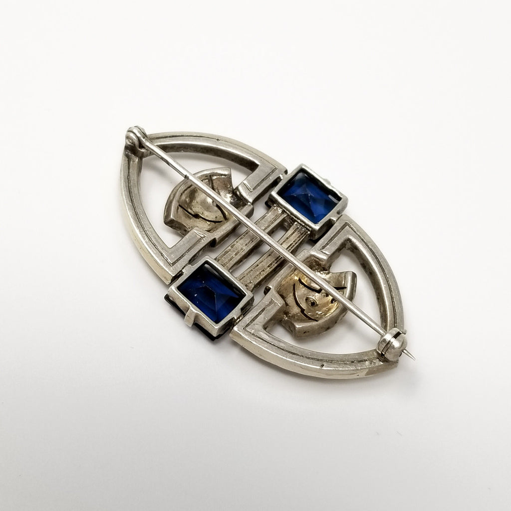 Art Deco Sapphire & Clear Rhinestone Handmade Brooch/Pin