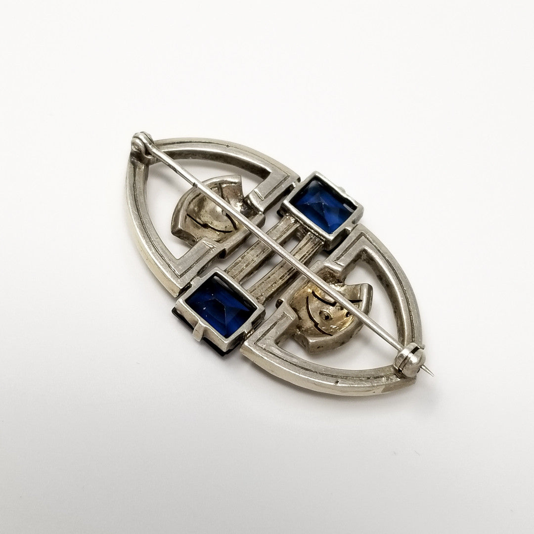 Art Deco Sapphire & Clear Rhinestone Handmade Brooch/Pin