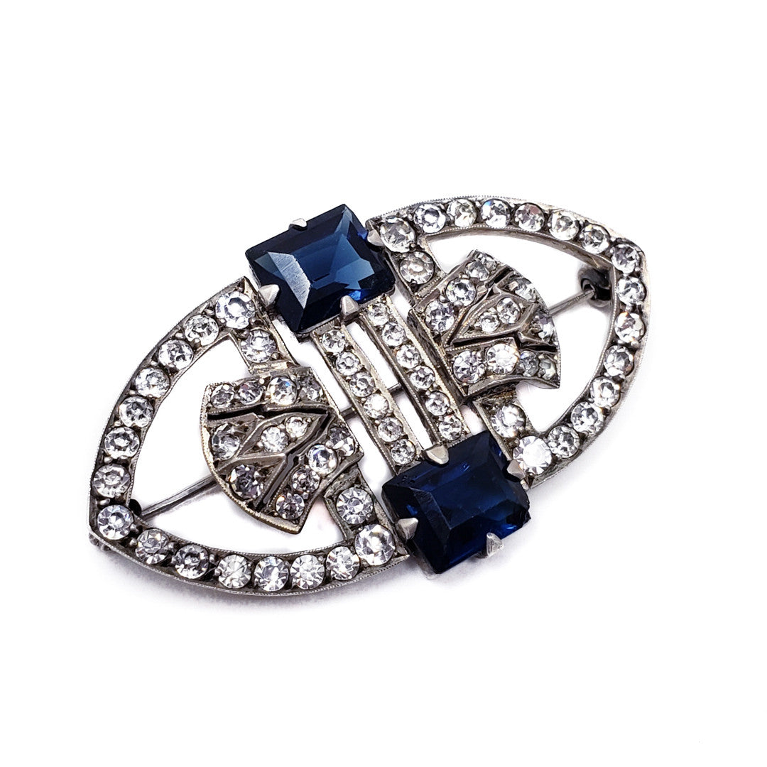Art Deco Sapphire & Clear Rhinestone Handmade Brooch/Pin