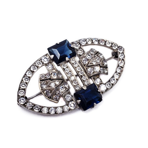 Art Deco Sapphire & Clear Rhinestone Handmade Brooch/Pin