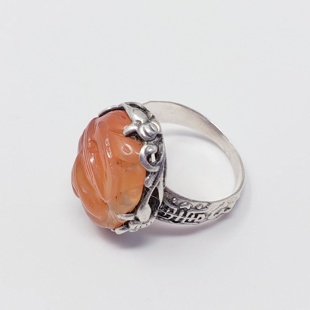 Antique Ornate Chinese Carved Cornelian Sterling Silver Ring