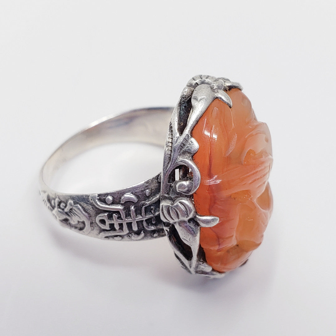 Antique Ornate Chinese Carved Cornelian Sterling Silver Ring