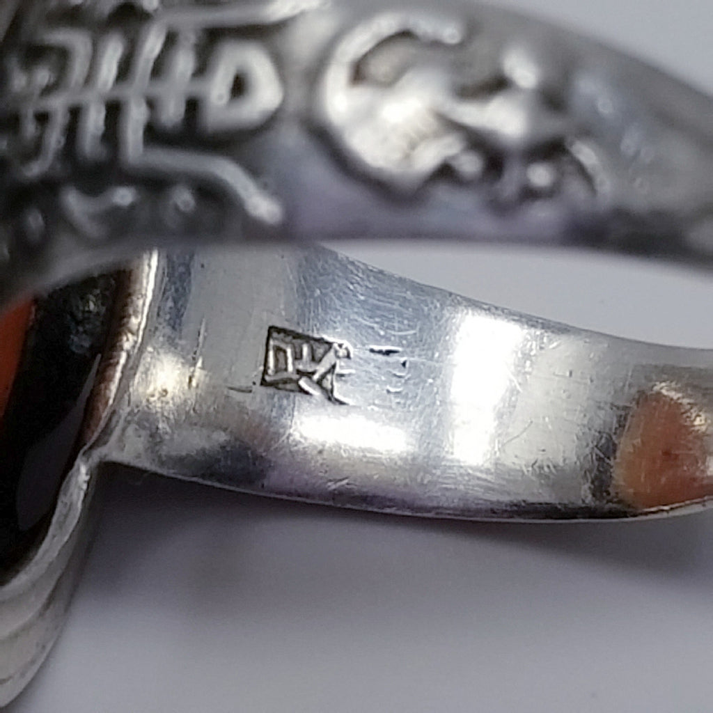 Antique Ornate Chinese Carved Cornelian Sterling Silver Ring