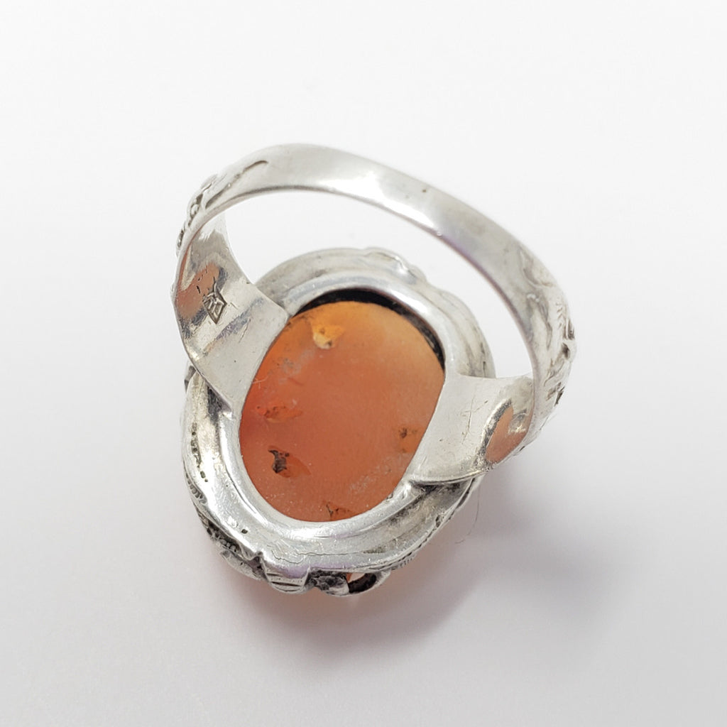 Antique Ornate Chinese Carved Cornelian Sterling Silver Ring