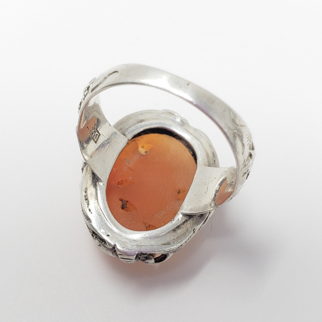Antique Ornate Chinese Carved Cornelian Sterling Silver Ring