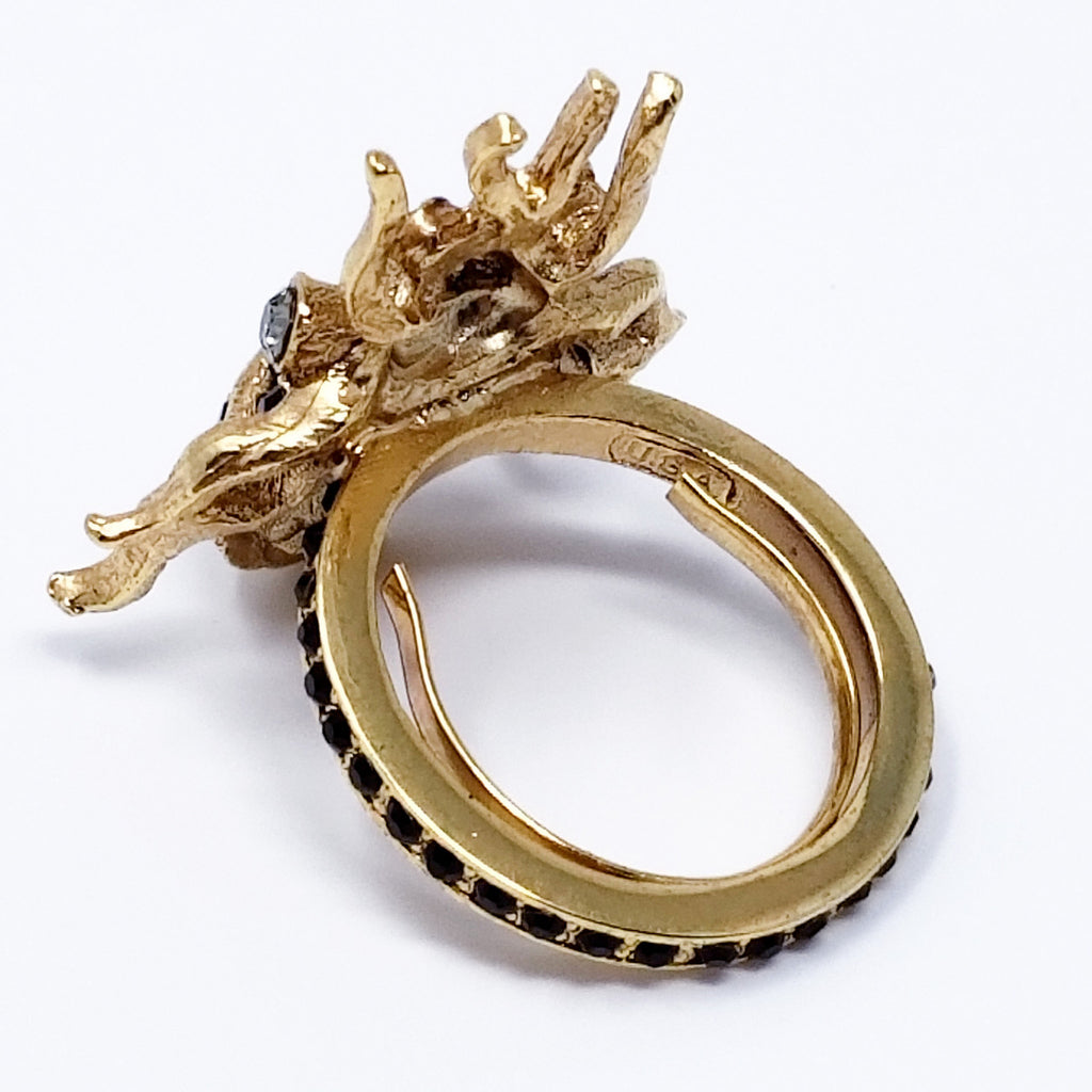 Oscar de la Renta Black Crystal Scarab Cocktail Ring in Gold