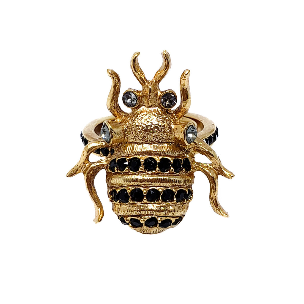 Oscar de la Renta Black Crystal Scarab Cocktail Ring in Gold