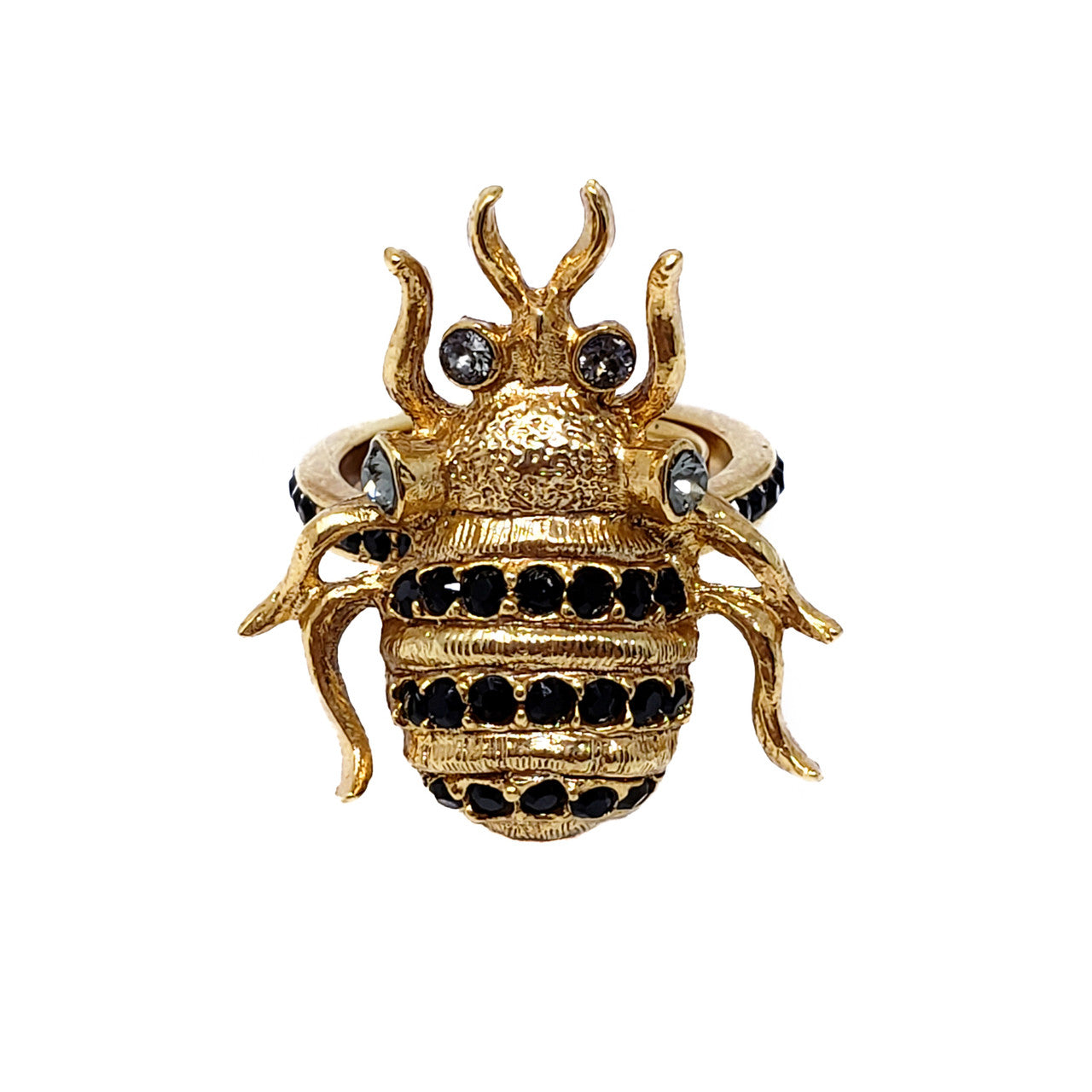 Oscar de la Renta Black Crystal Scarab Cocktail Ring in Gold