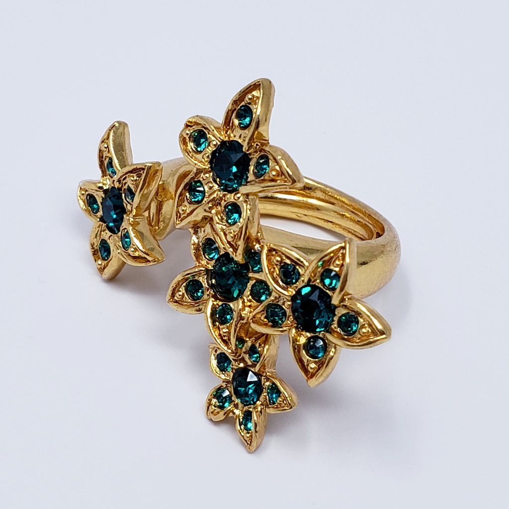 Oscar de la Renta Crystal Floating Flowers Statement Ring In Gold