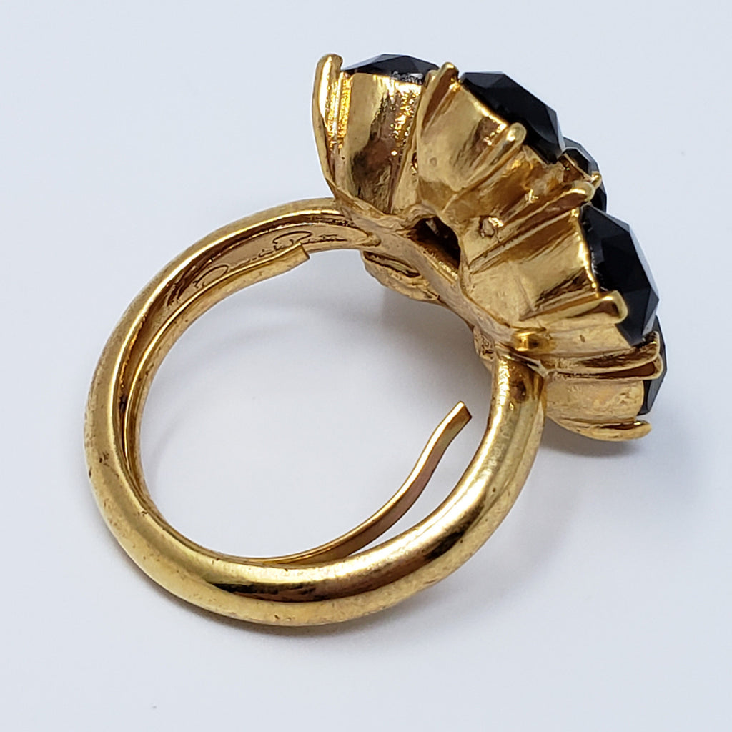 Oscar de la Renta Jet Black Crystals Statement Ring in Gold