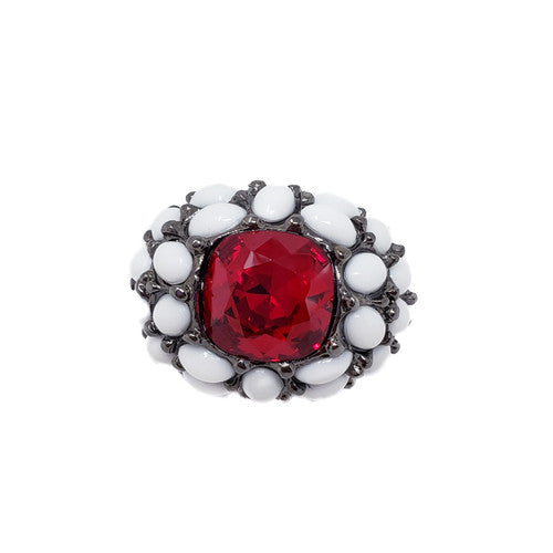 Kenneth Jay Lane KJL Swarovski Crystal & Cabochon Dome Ring in Red & White