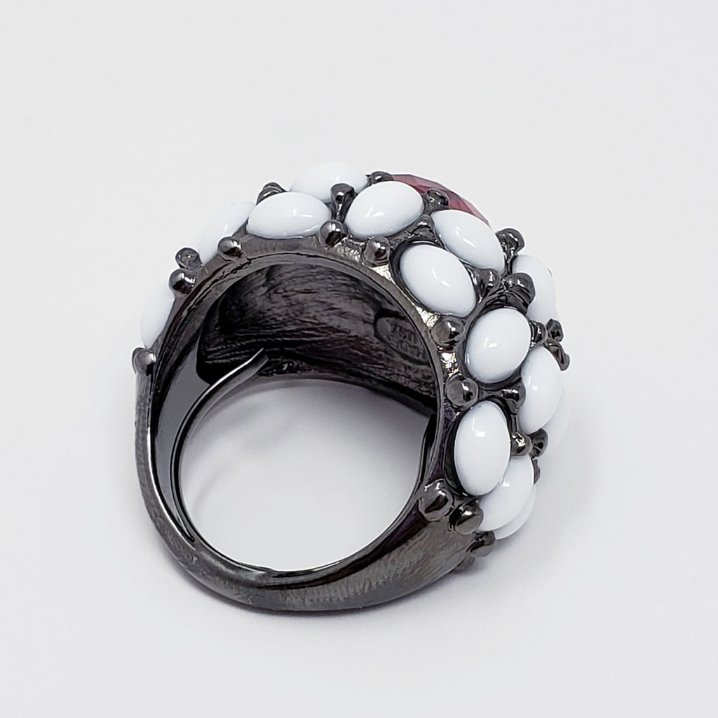 Kenneth Jay Lane KJL Swarovski Crystal & Cabochon Dome Ring in Red & White