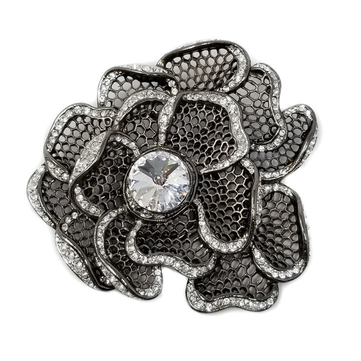 Kenneth Jay Lane KJL Gunmetal & Clear Crystal Flower Pin