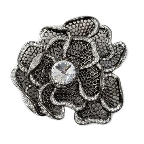 Kenneth Jay Lane KJL Gunmetal & Clear Crystal Flower Pin