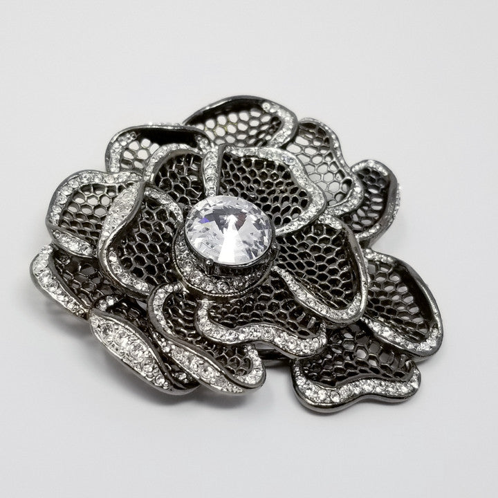 Kenneth Jay Lane KJL Gunmetal & Clear Crystal Flower Pin