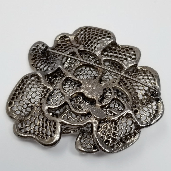 Kenneth Jay Lane KJL Gunmetal & Clear Crystal Flower Pin