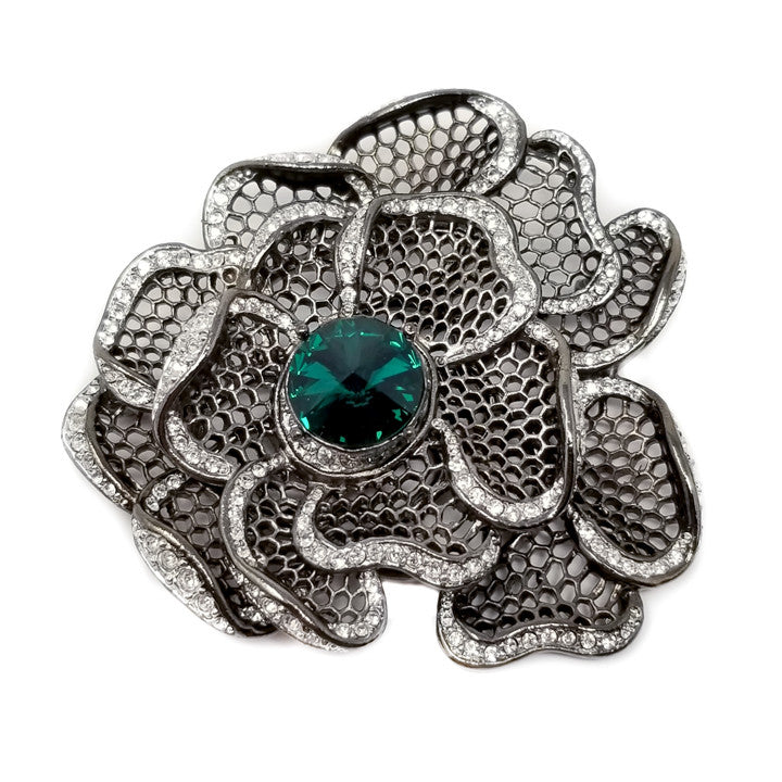Kenneth Jay Lane KJL Gunmetal & Green Crystal Flower Pin